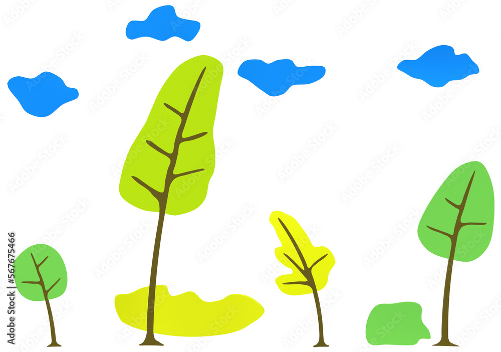 3D render of trees with clouds on a light background. cartoon trees.
