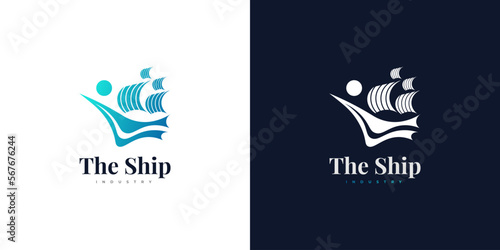 Simple and Clean Ship Logo Design in Blue and Green Gradient Style. Sailing Boat Logo or Icon