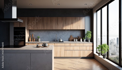 bright modern kitchen room and window City view daylight. 3D rendering Design. Generative Ai