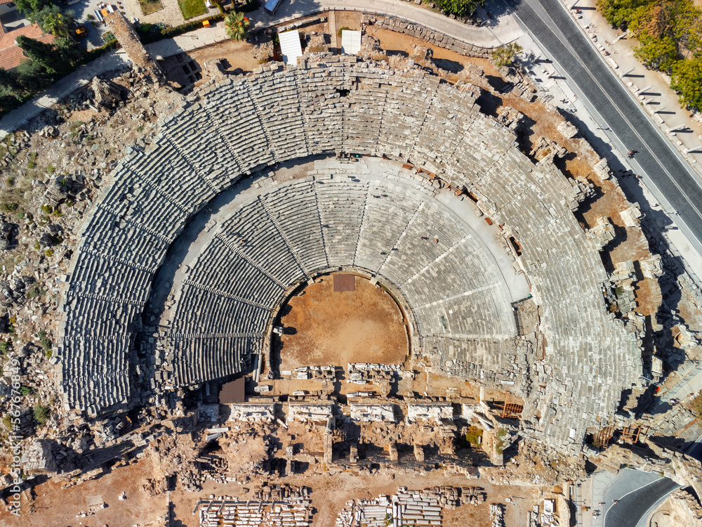 Aerial view of the ancient theatre in Side, Turkey