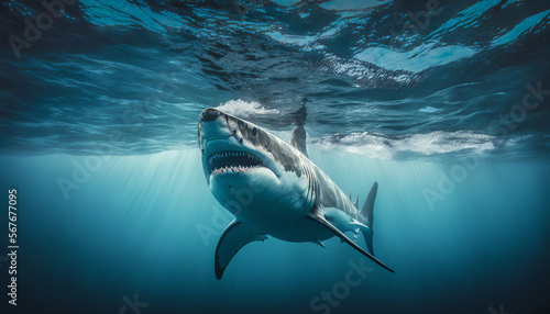 Great white shark swimming through clear clean ocean