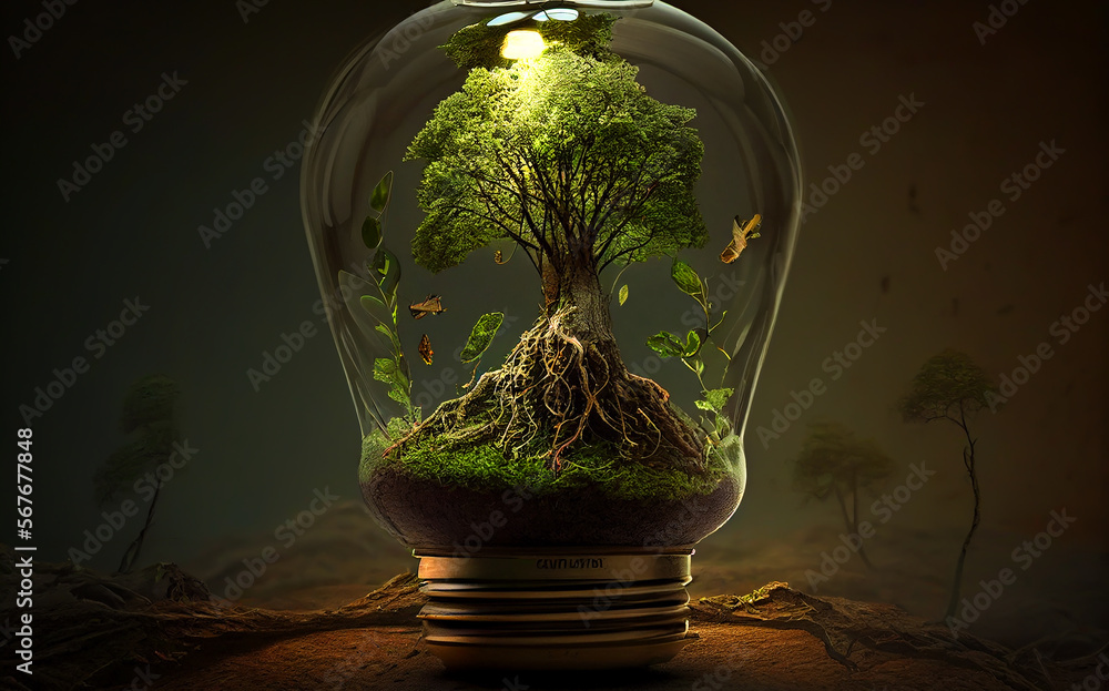 Lamp with tree for Saving environment. Green saving energy Tree Growing. Lightbulb with tree and green leaves. Seedlings growing as alternative energy. Electricity light lamp from solar. AI Generative Lamp with tree for Saving environment. Green saving energy Tree Growing. Lightbulb with tree and green leaves. Seedlings growing as alternative energy. Electricity light lamp from solar. AI Generative