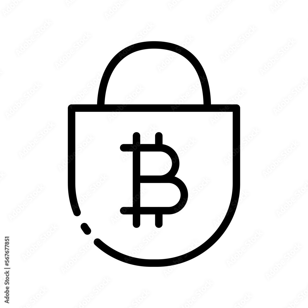 Bitcoin with lock set icon. Protect cripto wallet, infographic, accounting, money bag, coin, blockchain, internet, cloud storage features, online, exchange. Vector line icon on white background Bitcoin with lock set icon. Protect cripto wallet, infographic, accounting, money bag, coin, blockchain, internet, cloud storage features, online, exchange. Vector line icon on white background