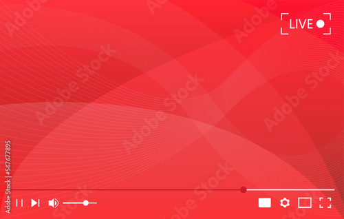 Multimedia video player with red wavy background, live streaming cover, vector illustration