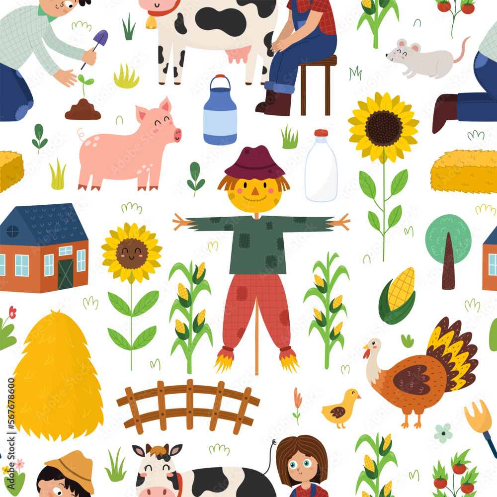 Cute farm seamless pattern with scarecrow, pig, cow, kids farmers ...