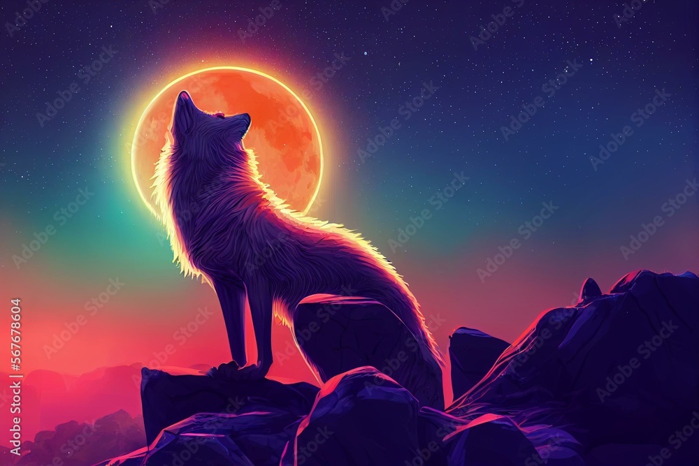 Wolf Howling At The Moon. Synthwaves Coloring, Vivid Colors. Graphic 