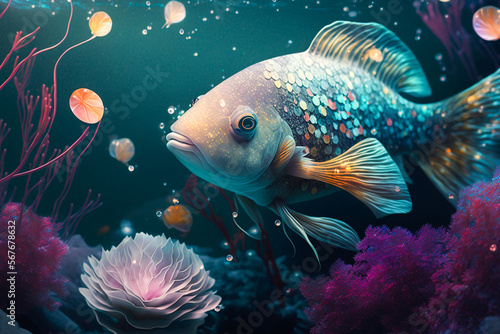 underwater beauty fantasy glowing flowers. Generative Ai