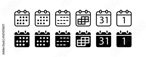 Calendar set icon. Anniversary, important day, reminder, year, clock, tick, punctuality, week, month. Date concept. Vector set line icon on white background