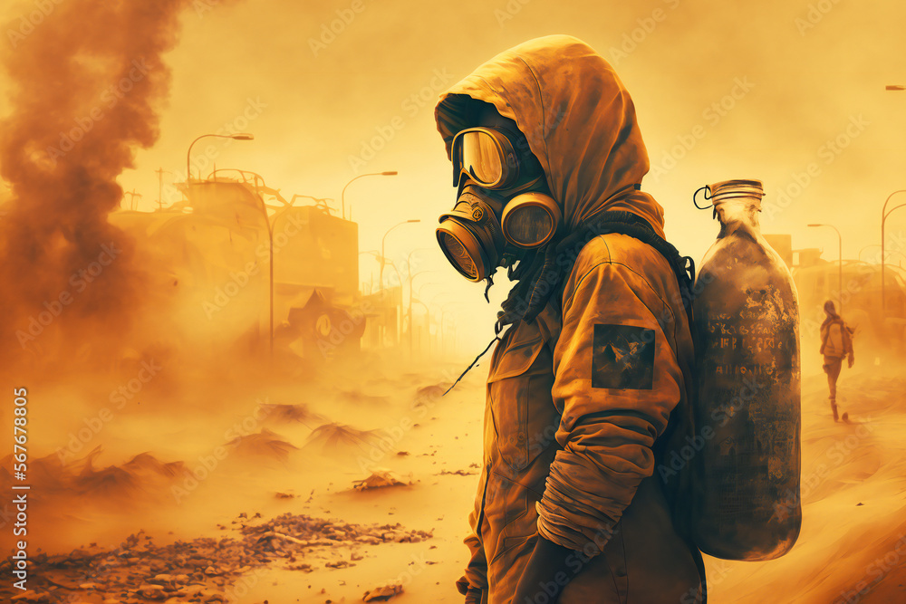 Post apocalyptic survivor in gas mask. Environmental disaster, Armageddon - Dystopia -  destroyed buildings -  in a post-apocalyptic World - Generative AI