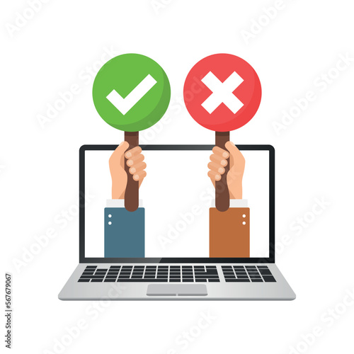 Hands hold signboard with laptop computer icon in flat style. Right and wrong feedback vector illustration on isolated background. Yes, no sign business concept.