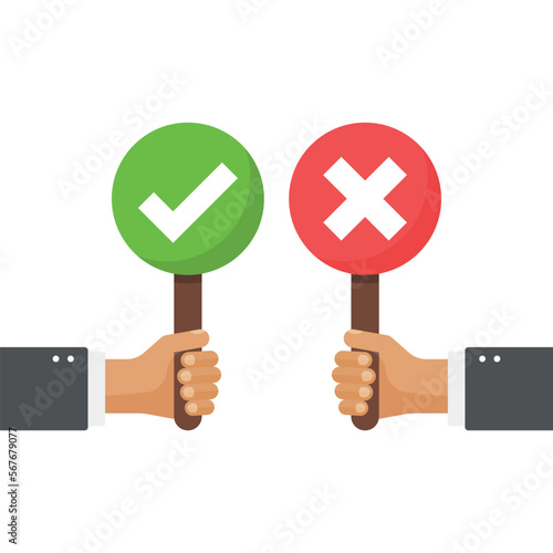 Hands hold signboard icon in flat style. Right and wrong feedback vector illustration on isolated background. Yes, no sign business concept.