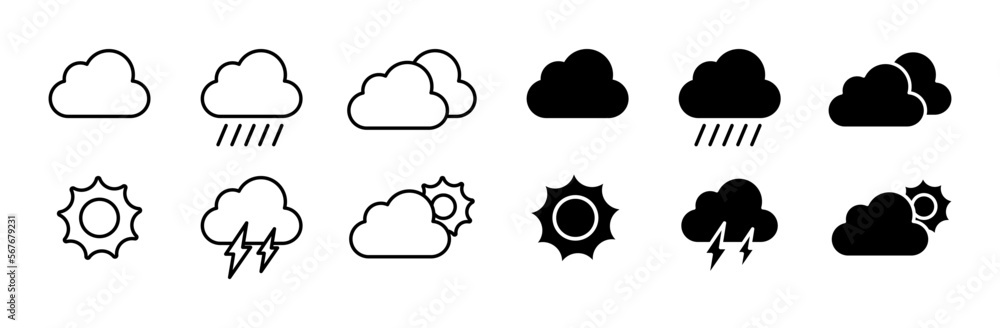 Weather conditions set icon. Cloud, cloudy, sun, rain, lightning, thunderstorm, wind, moon, rainbow, snow, snowflake, forecast. Nature concept. Vector line icon for Business Weather conditions set icon. Cloud, cloudy, sun, rain, lightning, thunderstorm, wind, moon, rainbow, snow, snowflake, forecast. Nature concept. Vector line icon for Business
