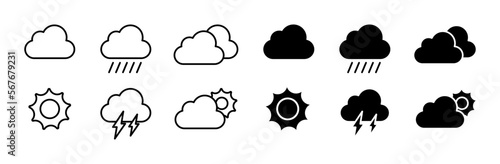 Weather conditions set icon. Cloud, cloudy, sun, rain, lightning, thunderstorm, wind, moon, rainbow, snow, snowflake, forecast. Nature concept. Vector line icon for Business
