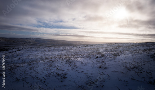 The frozen snow covered landscape, countryside of Muggleswick and Edmondbyers Common, moor in winter near Blanchland, Northumberland in England UK.