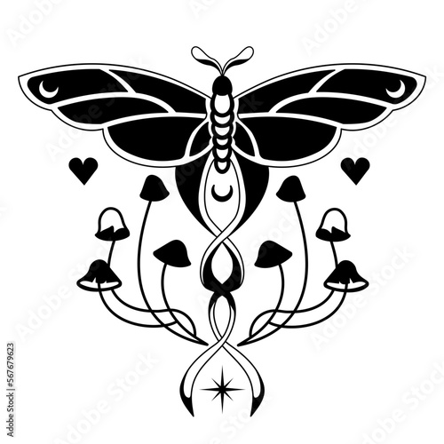 Graphic silhouette, tattoo of mystical moth with shrooms. Mystery boho art, night fly, vintage isolated vector graphic.