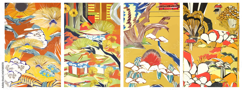 Japanese Sakura Traditional Art vector illustration set. Spring cherry blossom season. Japanese Sakura Traditional Art vector illustration set. Spring cherry blossom season.