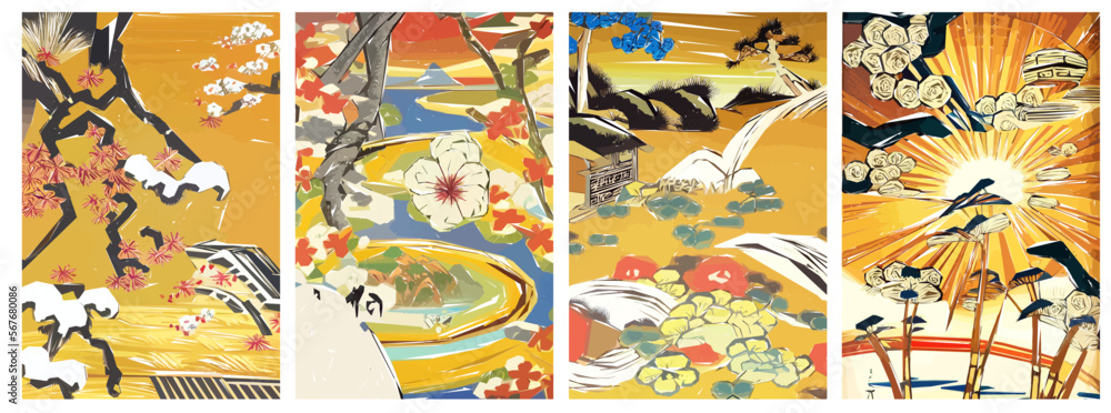 Japanese Sakura Traditional Art vector illustration set. Spring cherry blossom season.