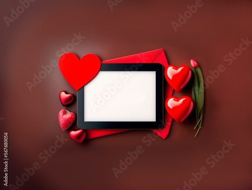 valentine card with heart, Tablet on a  background with cute hearts.  concept of love meeting  internet, love to your gadget and technology, love correspondence, Valentine's Day, Generative AI photo