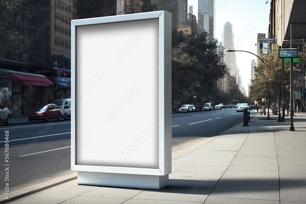 Vertical blank white billboard at bus stop on city street. Mock up. Generative AI