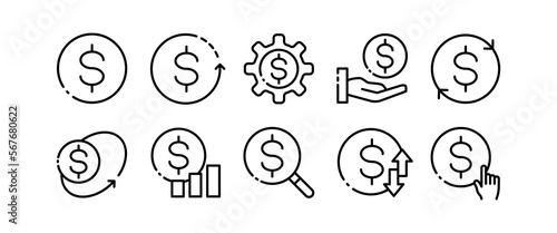 Euro coin stat set icon. Money, cash, transfer, dollar bill, currency, coin, cent, transaction, arrows, beg, receive, salary, income, spending, tax. Vector line icon on white background
