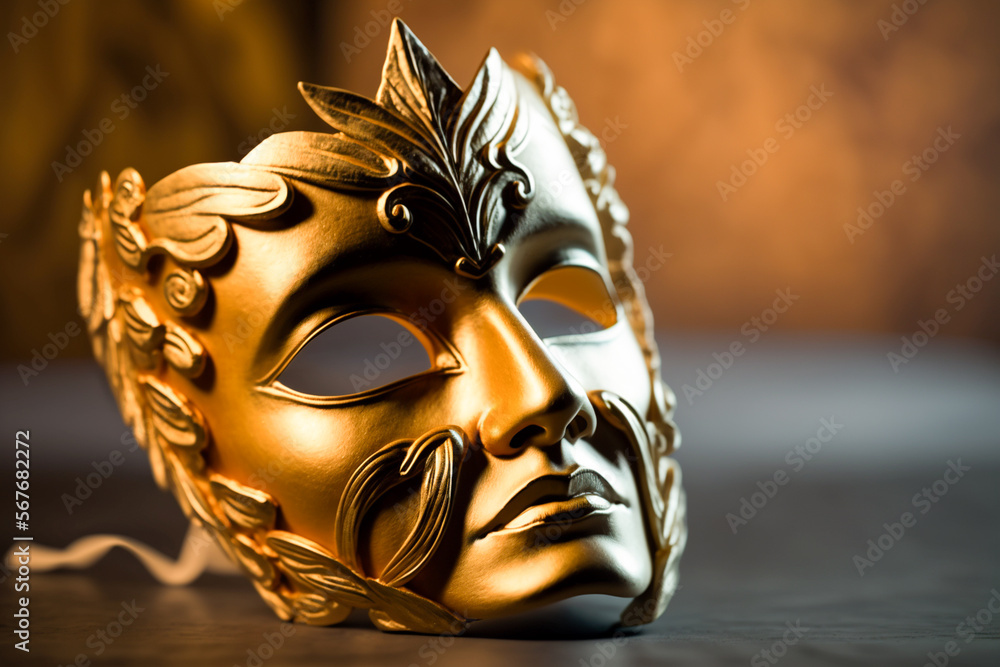 Golden carnival mask. Mask is an accessory used to cover the face. Used for recreational, religious, artistic or practical purposes. The word originates from the Latin mascus or masca = 