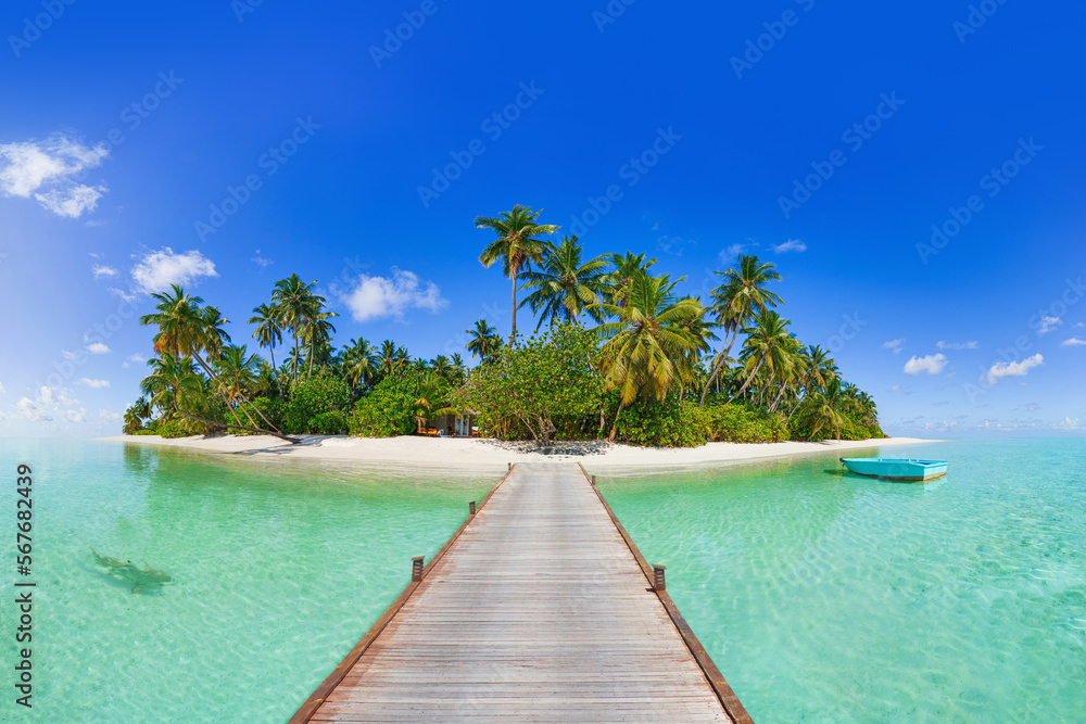  A wooden jetty in a Beautiful maldives tropical island - Panorama