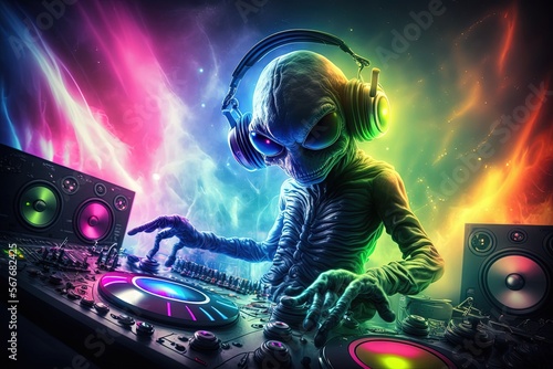 rainbow colors Alien is a resident dj in the club background of rainbow colors illustration generative ai