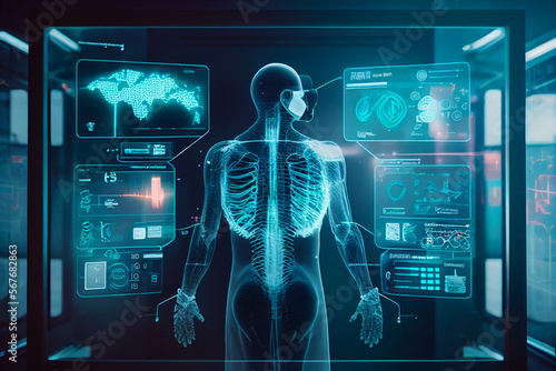 Healthcare and medicine, Virus, Doctor and robotics research diagnose virtual Human, modern interface screen on laboratory, Generative ai