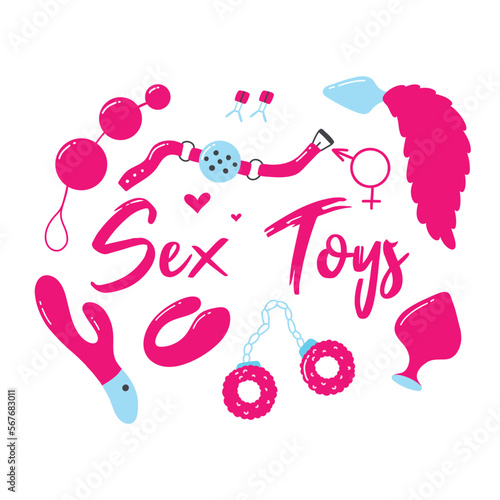 Sex toys. Poster for sex shop. Toys for adults. Heart print for an adult store. Vibrators, vaginal beads, whip, butt plugs. Vector illustration.
