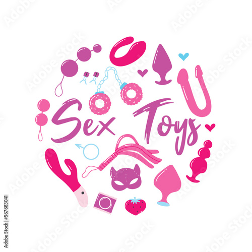 Sex toys. Poster for sex shop. Toys for adults. Print for an adult store. Vibrators, vaginal beads, whip, butt plugs. Vector illustration.