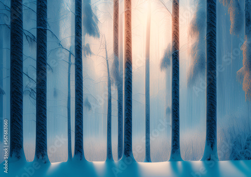 Winter landscape in the forest and sunnrise.  Generative Al Illustration. photo