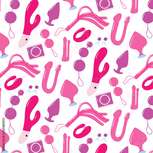 Seamless pattern with sex toys. Print for sex shop. Pattern with sex toys. Vector illustration. Flat style.