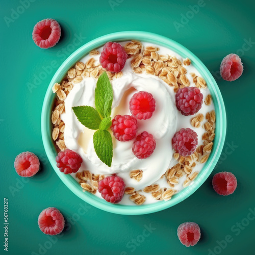 Bowl with yogurt, raspberries and granola. Top view. Generative AI. 