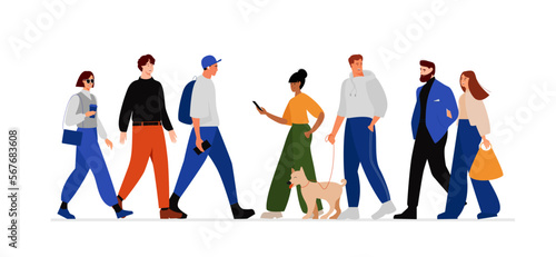 Walking people. Characters and couple walk. Men And Women Crowd of pedestrians. A man walks a dog. Flat vector illustration isolated on white