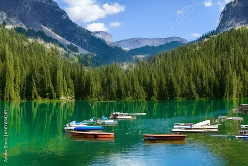 Beautiful lake in the mountains and wooden boats. Green pine forest and white cliffs - generative ai © unalcreative