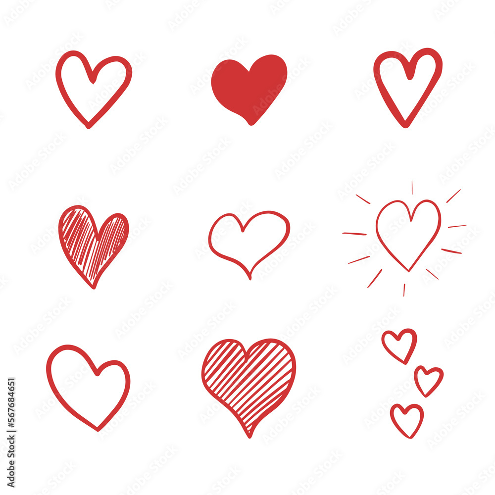 Collection of hand drawn red hearts isolated on white background. Illustration on transparent background