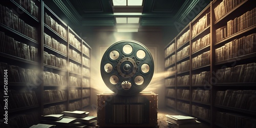 in a old film archive, library of stacked cinema film reels, generative ai