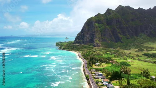 Drone Hawaii. Aerial view of Oahu windward side. Kualoa mountains coastal drive.