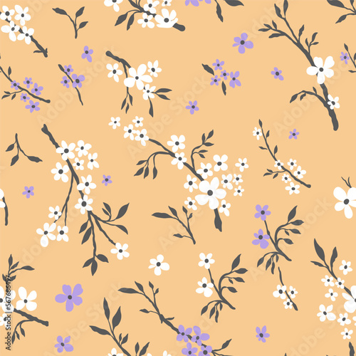 Vector seamless pattern of small flowers and twigs, floral seamless pattern, seamless pattern of white and lilac flowers on a beige background for packaging or fabric.