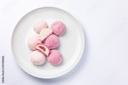 Delicious mochi on a white background, close-up. Traditional Japanese dessert
