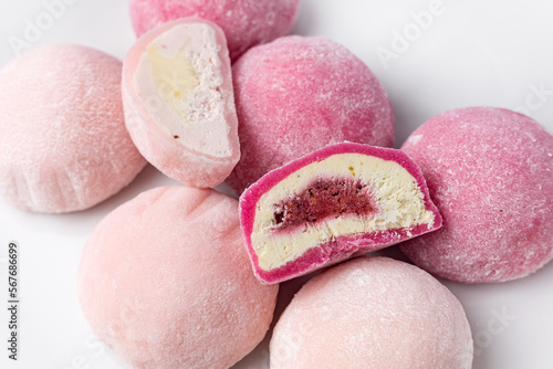 Delicious mochi on a white background, close-up. Traditional Japanese dessert
