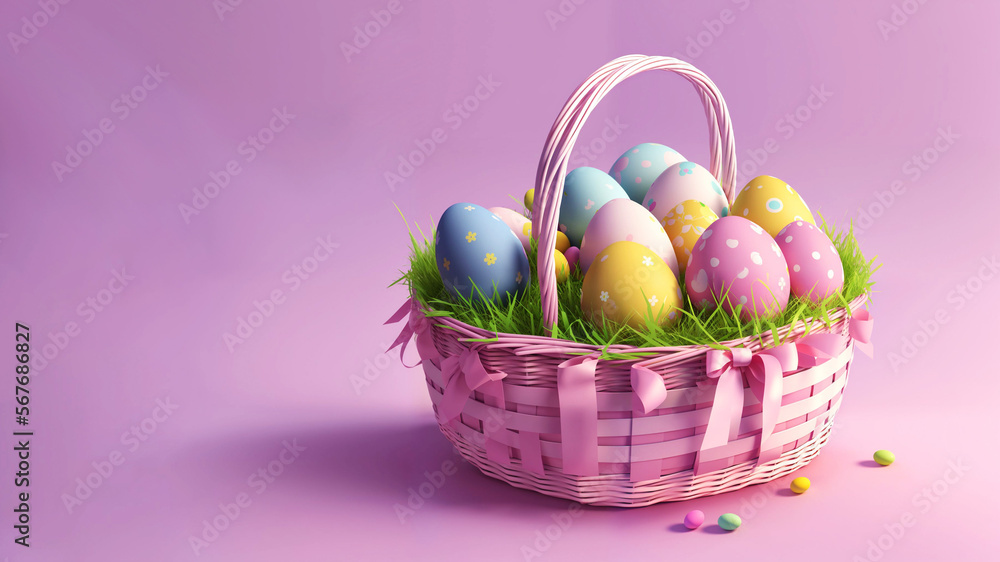 easter eggs in a basket on a pink background