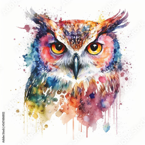 Owl in bright colors, watercolor- generated by Generative AI © Eric