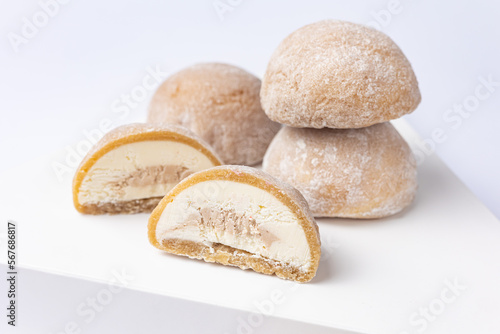 Delicious mochi on a white background, close-up. Traditional Japanese dessert 