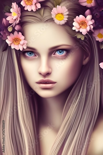 Blondes Mädchen mit Blumen im Haar (Generative AI)
