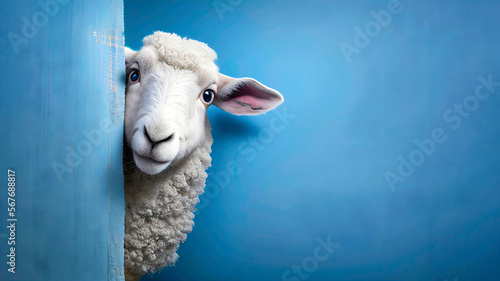A Portrait of a Sheep hiding behind blue wall. It looks frightened, generative ai