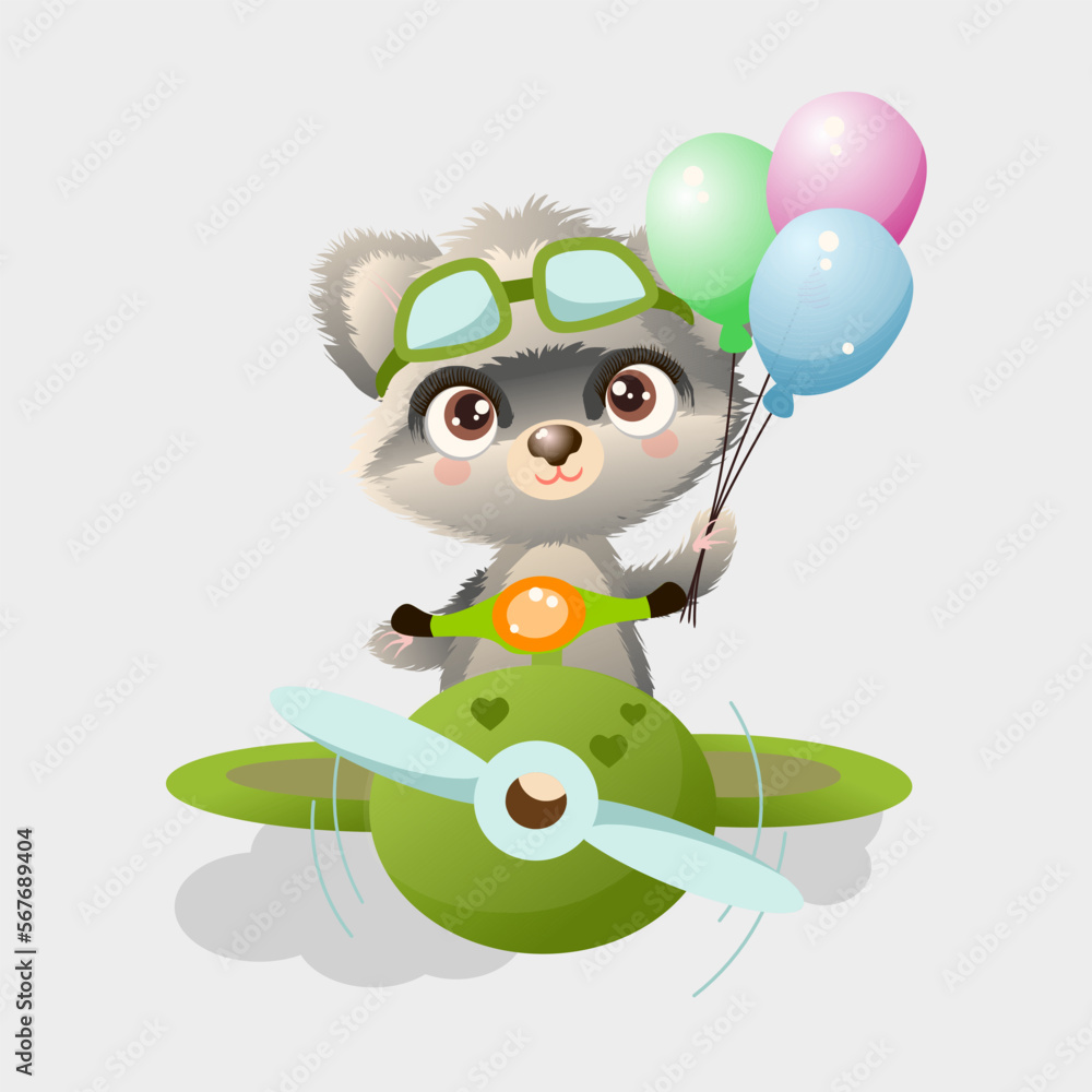 Fototapeta premium Cute raccoon with balloons drawn in cartoon style