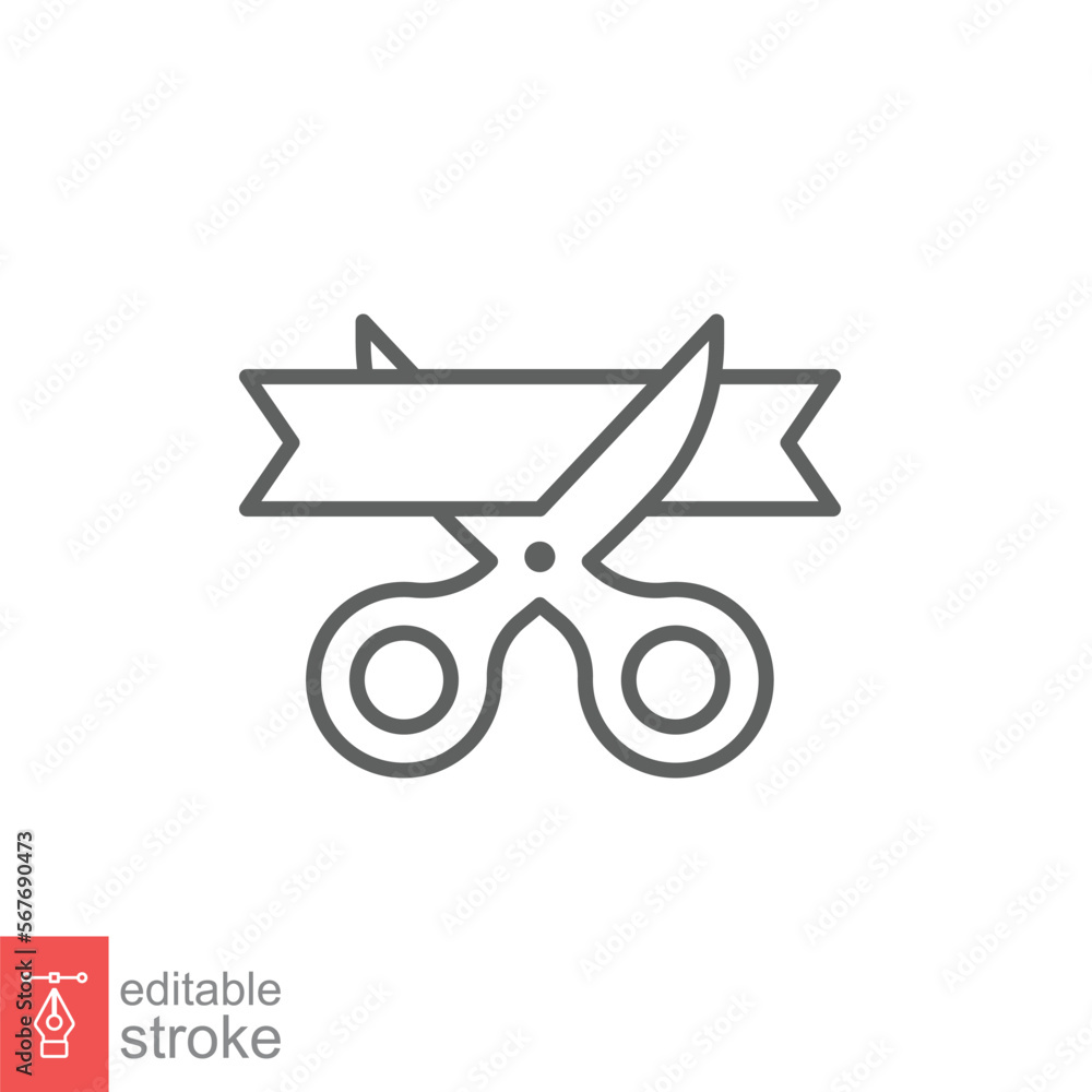 Grand opening line icon. Simple outline style for web and mobile app design element. Open, ribbon, cut, scissor, inauguration, ceremony concept. Vector illustration isolated. Editable stroke EPS 10.