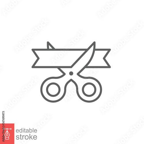 Grand opening line icon. Simple outline style for web and mobile app design element. Open, ribbon, cut, scissor, inauguration, ceremony concept. Vector illustration isolated. Editable stroke EPS 10.