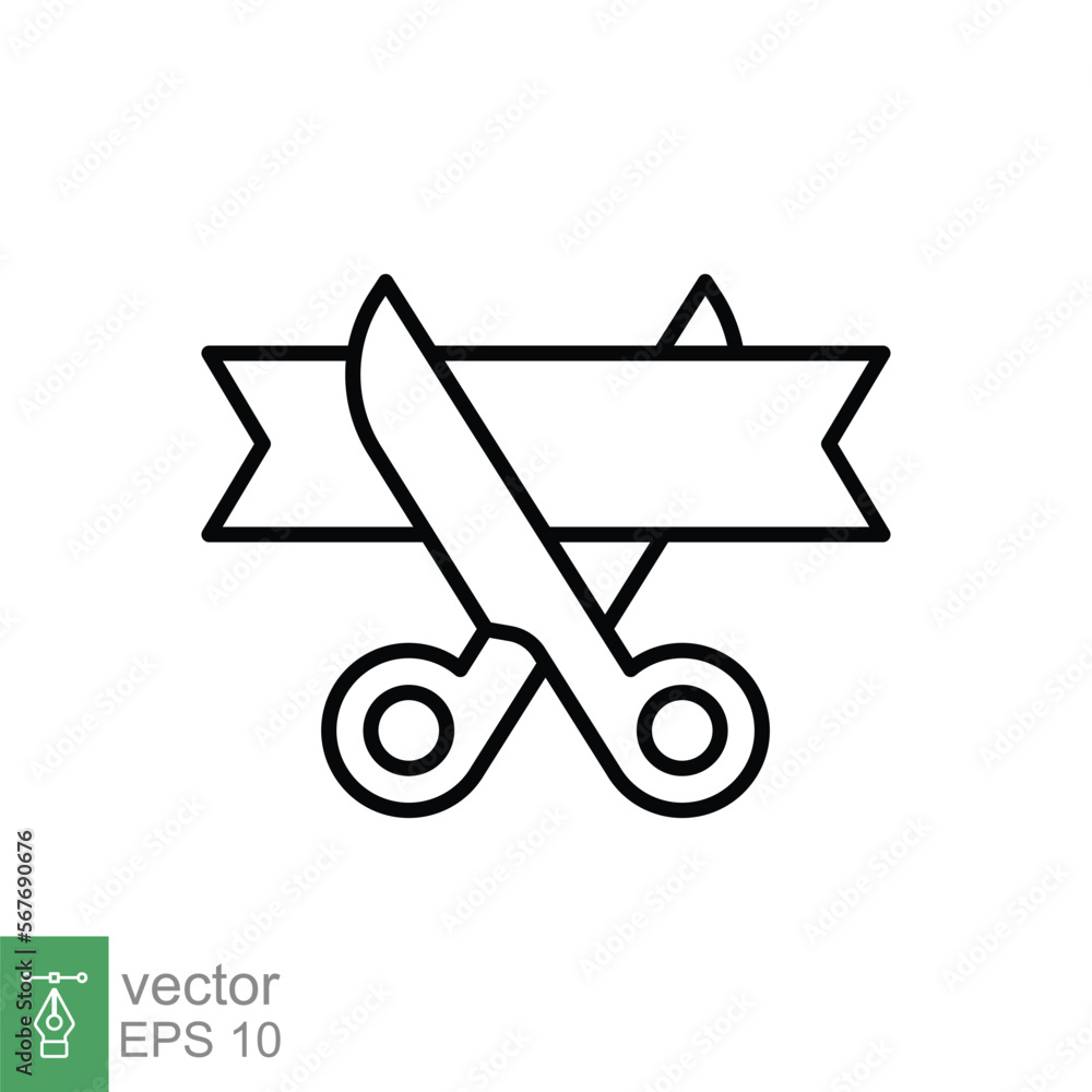Grand opening line icon. Simple outline style for web and mobile app design element. Open, ribbon, cut, scissor, inauguration, ceremony concept. Vector illustration isolated. EPS 10. Grand opening line icon. Simple outline style for web and mobile app design element. Open, ribbon, cut, scissor, inauguration, ceremony concept. Vector illustration isolated. EPS 10.